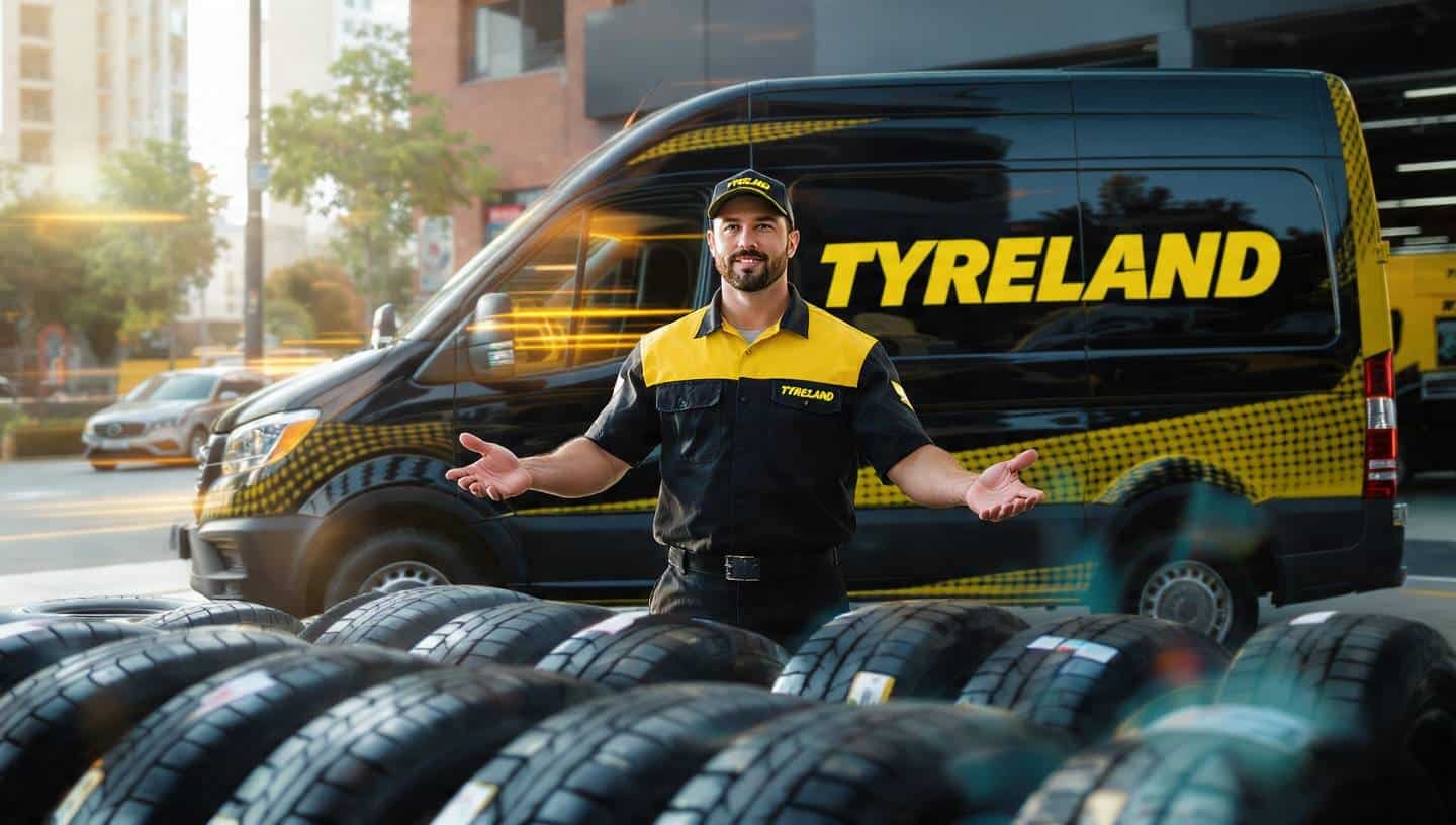 Tyre Land technician and branded mobile service van in Dubai