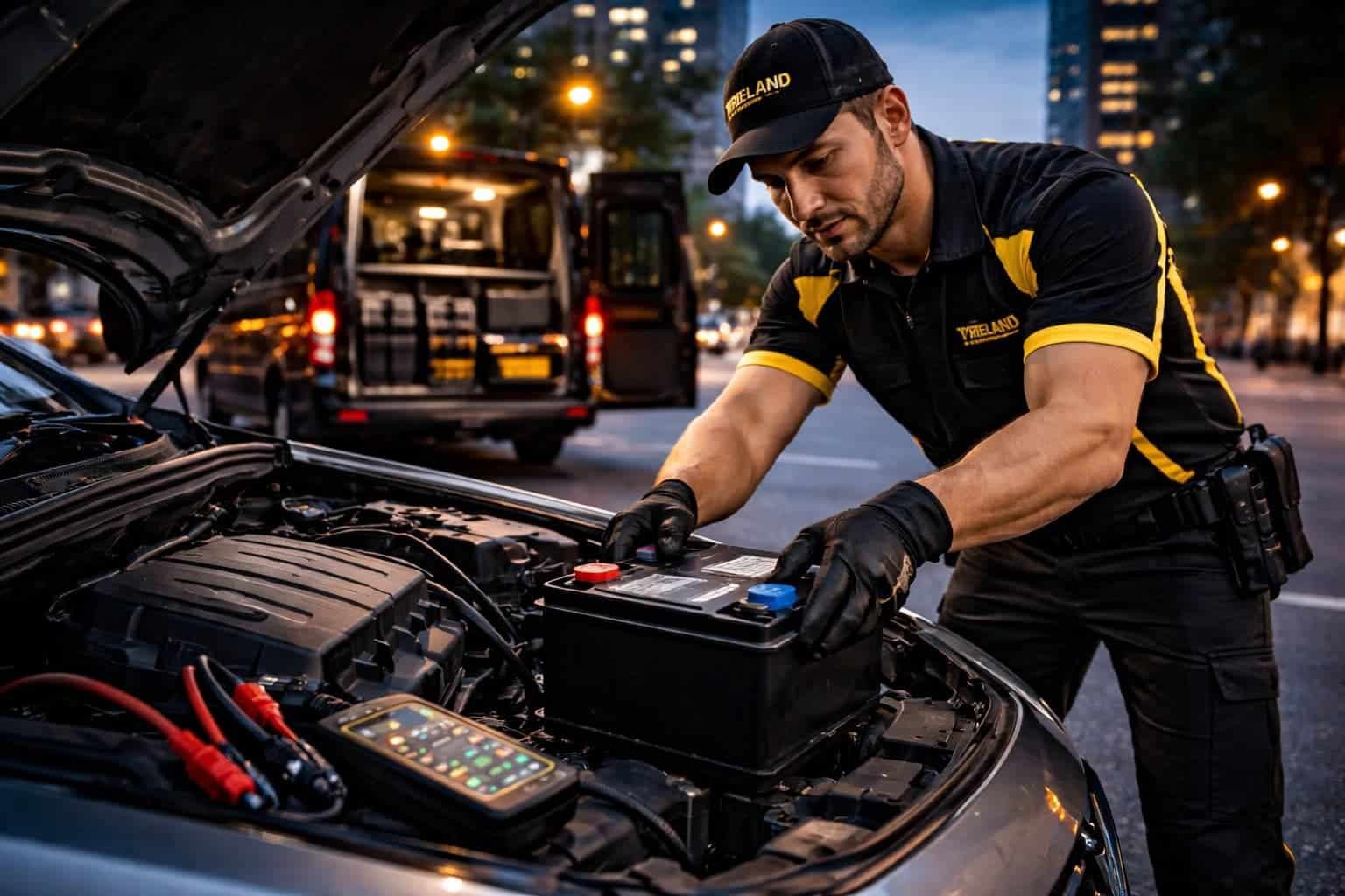 Tyre Land technician testing and replacing a car battery roadside