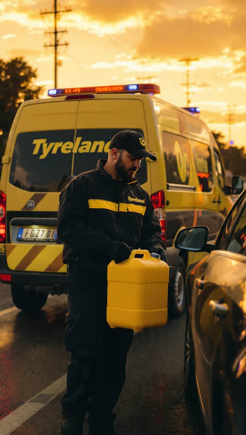 Tyre Land technician delivering emergency fuel to a stranded vehicle