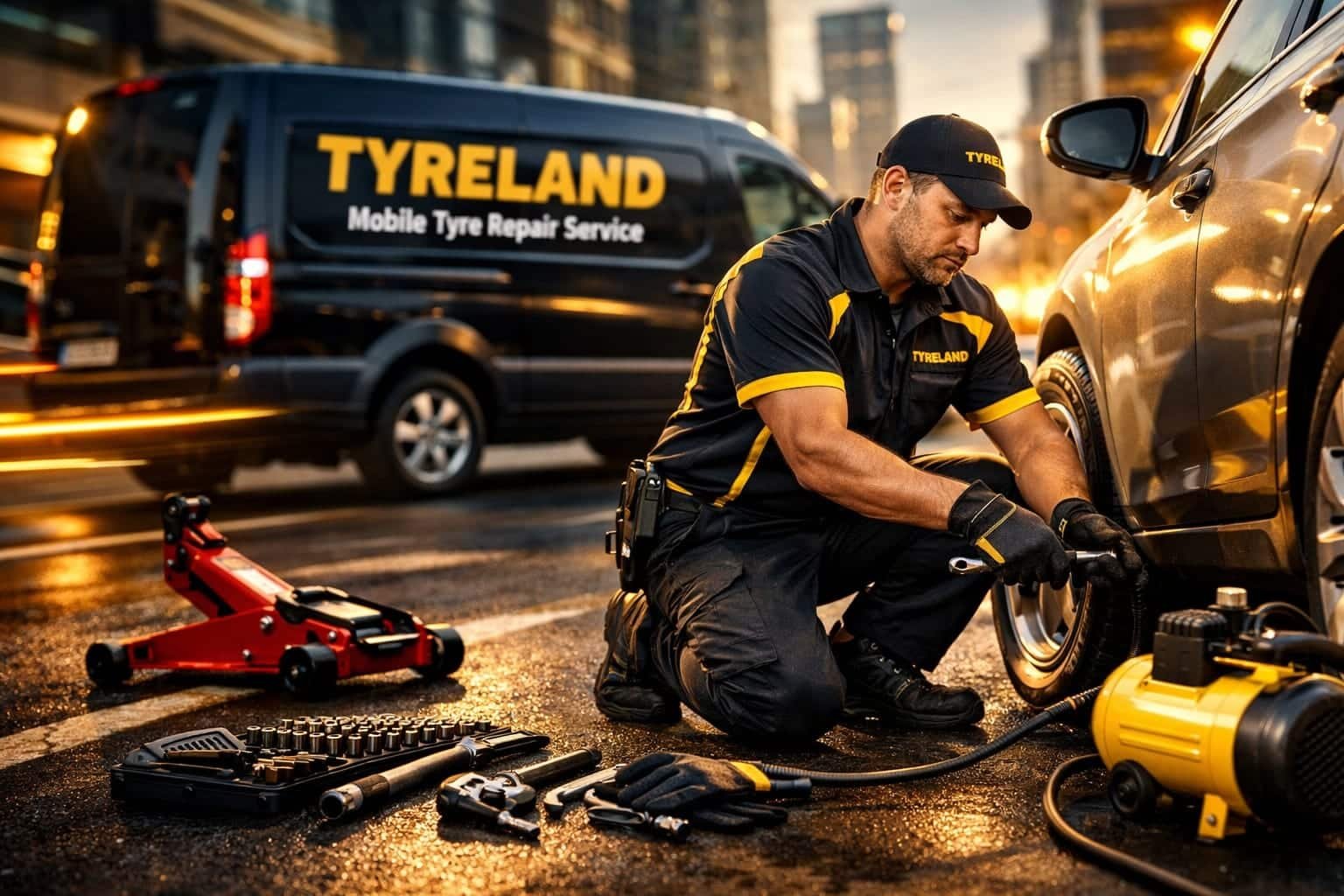 Tyre Land technician fitting a tyre roadside beside the branded mobile repair van