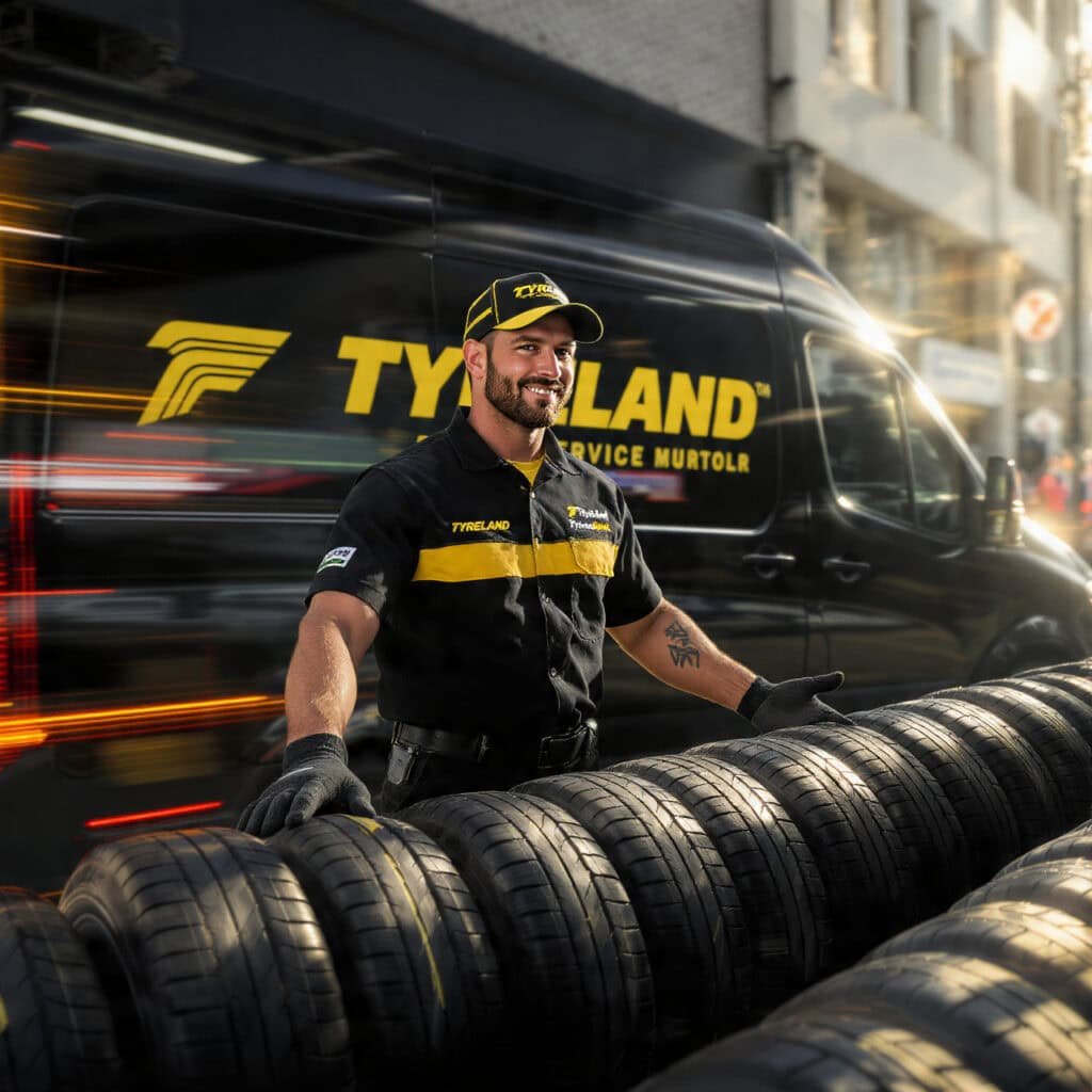 Tyre Land technician carrying a stack of new tyres beside the branded van