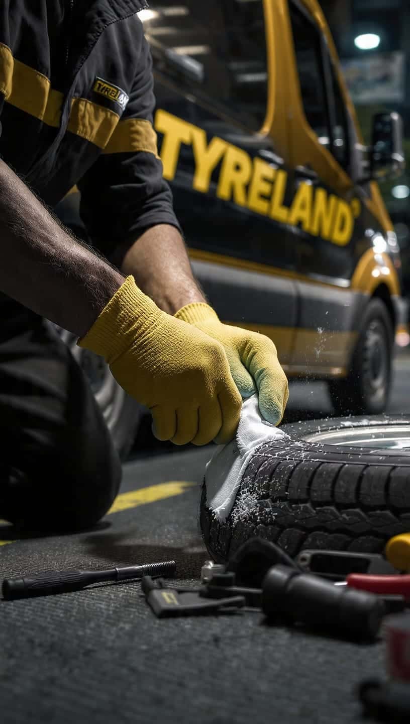 Tyre Land technician performing a puncture patch repair