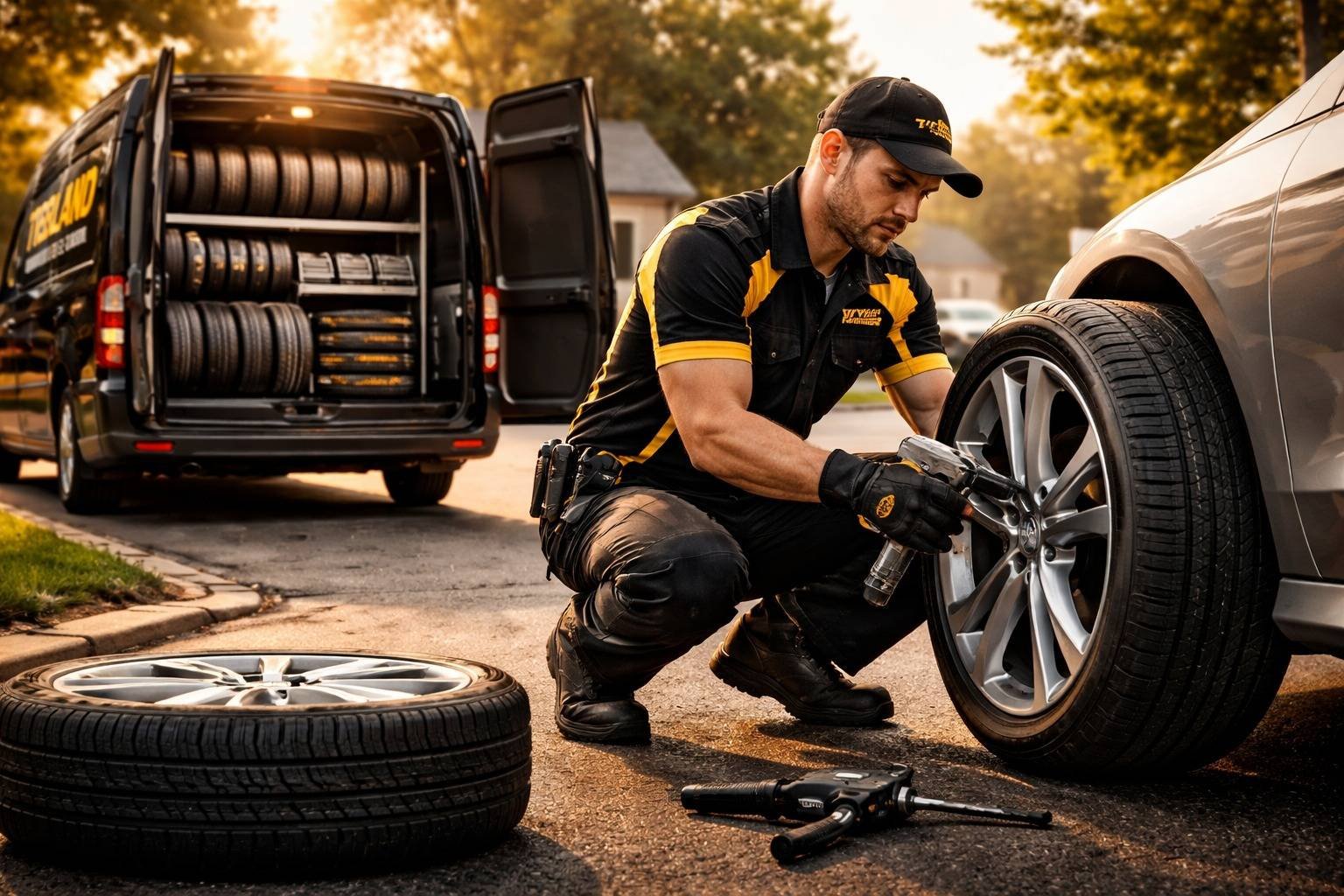 Tyre Land technician replacing a wheel roadside with fully stocked mobile van